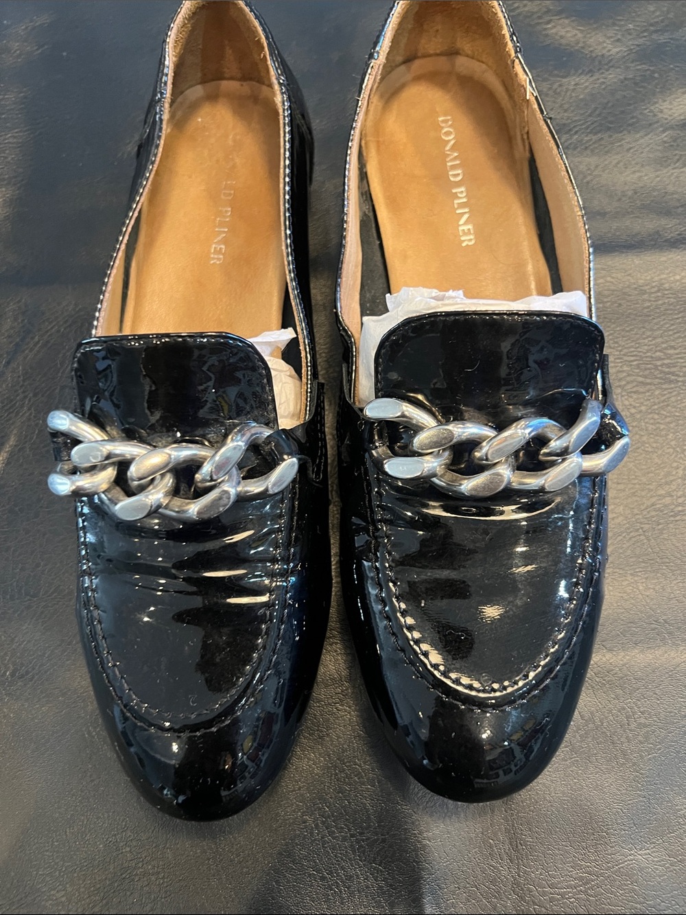 Donald J. Pliner Black Patent Leather Chain-Trim Loafers